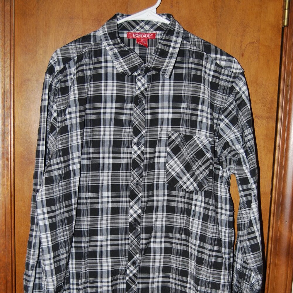 MENS MONTAGE BLACK AND WHITE PLAID LONG SLEEVE BUTTON DOWN SHIRT SIZE XL